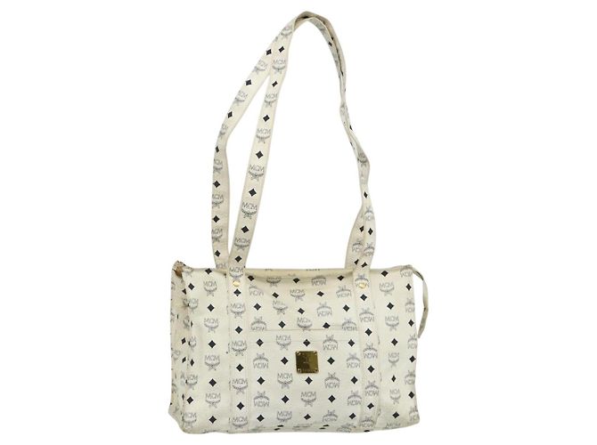 Bolso Tote MCM Vicetos Logogram PVC Blanco Oro Auth 178496 Dorado