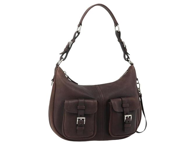 Bolsa de Ombro PRADA em Couro Marrom Prata Auth 178118A
