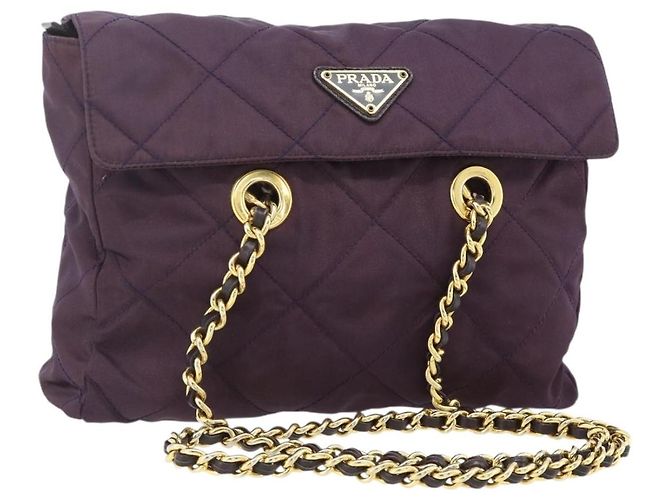 Borsa Tote con Catena PRADA Nylon Viola Oro Auth 178202 D'oro Porpora