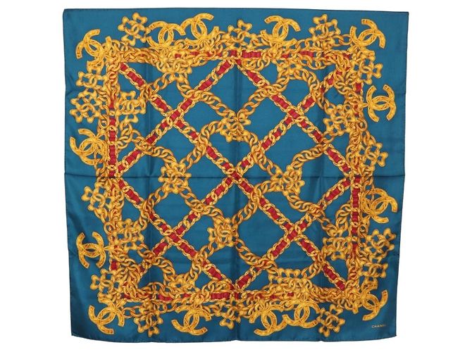 CHANEL Chain Accessory Pattern Scarf Silk Blue CC Auth am11561A