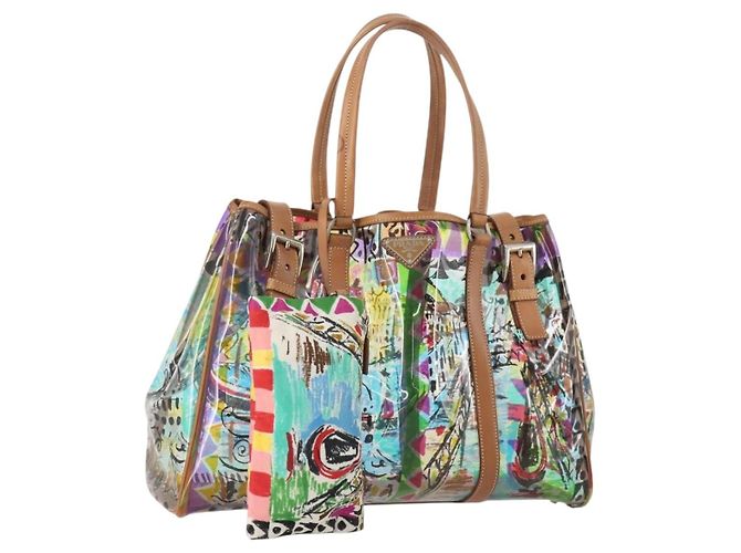 PRADA Handtasche aus Vinyl Multicolour Silber Auth YKZ1299A Mehrfarben