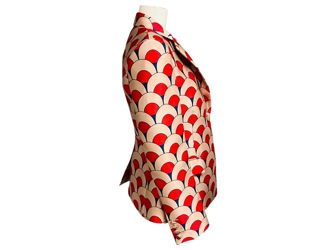 Lanvin Red / Blue Multi Scallop Print Silk Satin Jacket Multiple colors
