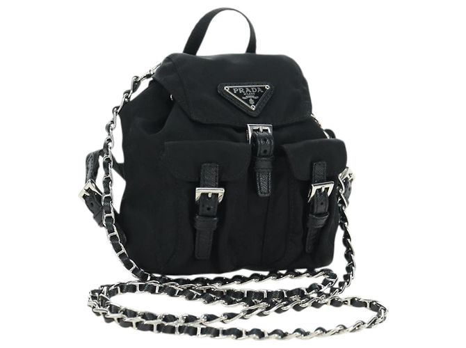 Borsa a Spalla con Catena PRADA Nylon Nero Argento Auth AMZ520M
