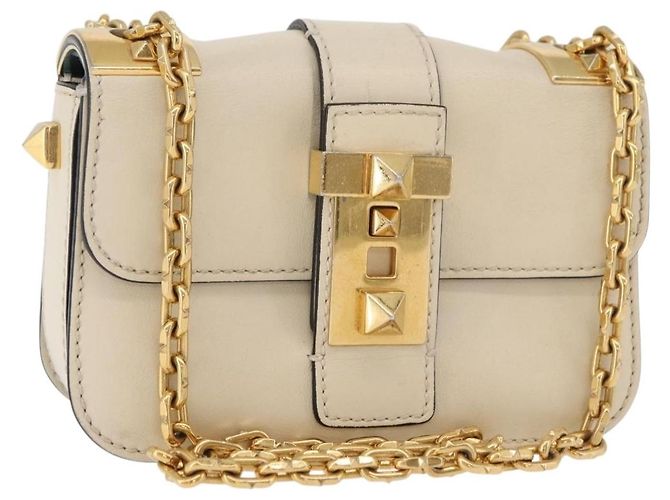 Bolsa de Ombro com Corrente VALENTINO em Couro Marfim Ouro Auth bs35039A