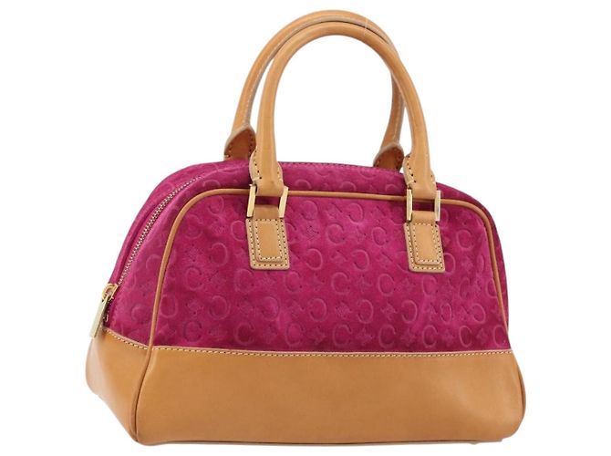 Céline Bolsa CELINE C Macadam em lona e camurça rosa e dourado Auth BA12374