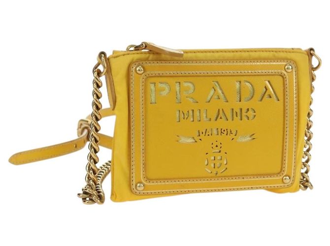 Bolsa de Ombro com Corrente PRADA Nylon Couro Ouro Amarelo Auth 143507 Dourado