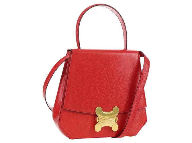 Céline Bolsa CELINE de couro 2way Vermelho Ouro Auth 107984 Dourado