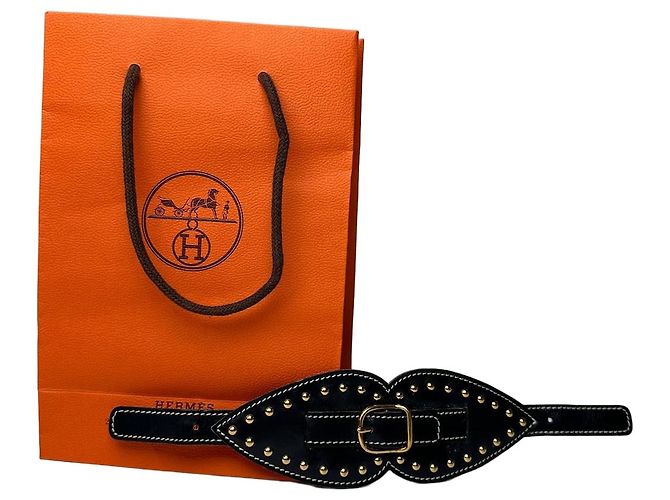 Vintage Hermès Paris Leather Studded Cuff Accessory Black Gold