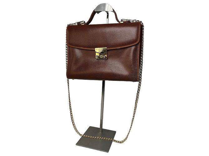 Givenchy Paris Vintage Top Handle Bag Cognac Lizard-Embossed Leather Brown