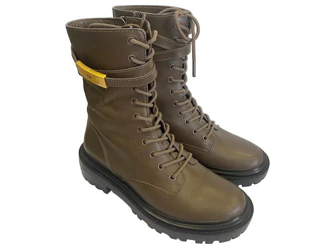 Tory Burch T-Hardware Leather Combat Ankle Boots Dark brown