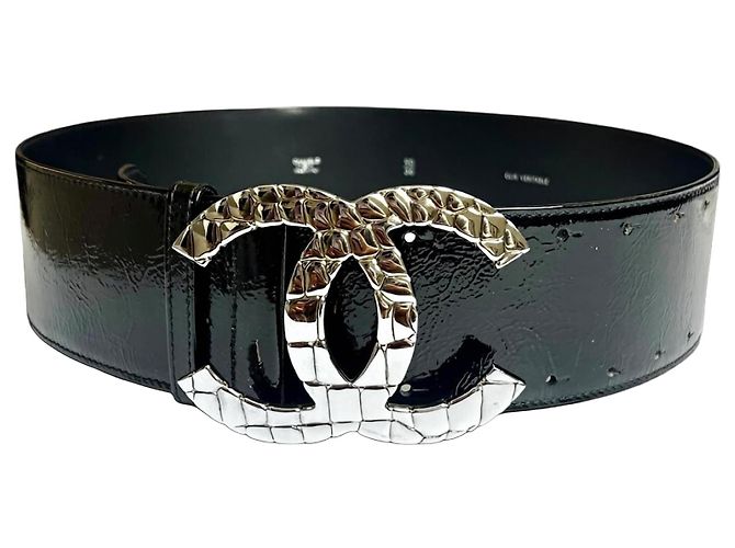 Chanel 07P Oversized CC Croc-Embossed Wide Belt in Black Patent Leather Silver hardware
