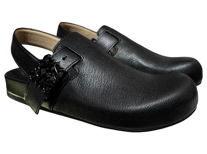 Loewe Black Grained Leather Anagram Clogs