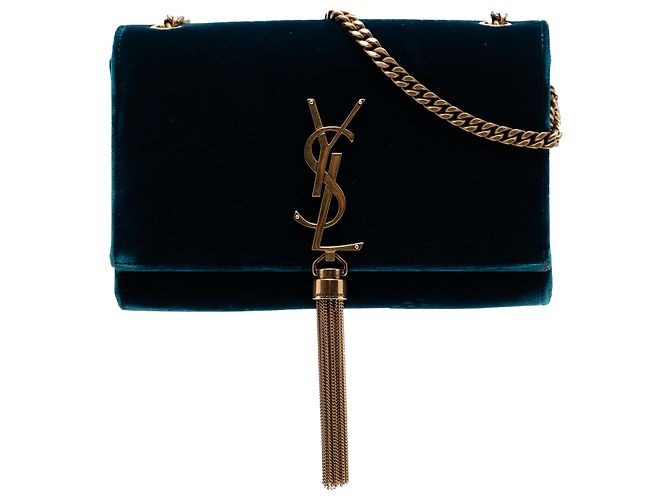 Saint Laurent Bolso Bandolera Kate de Terciopelo Azul Pequeño con Monograma y Borla