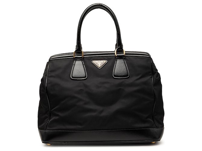 Tote Prada Black Saffiano Vernice Trimmed Tessuto Parabole Nero