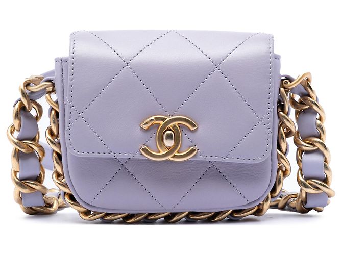 Chanel Mini Flap em couro de bezerro matelassê roxo com corrente framing