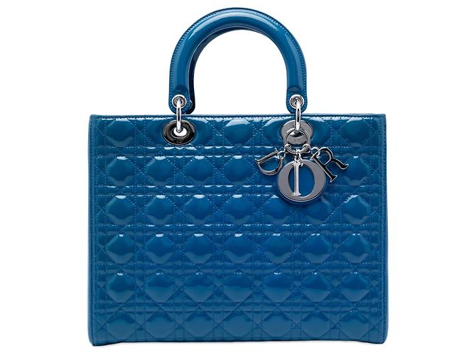Lady Dior Cannage en cuir verni bleu Large