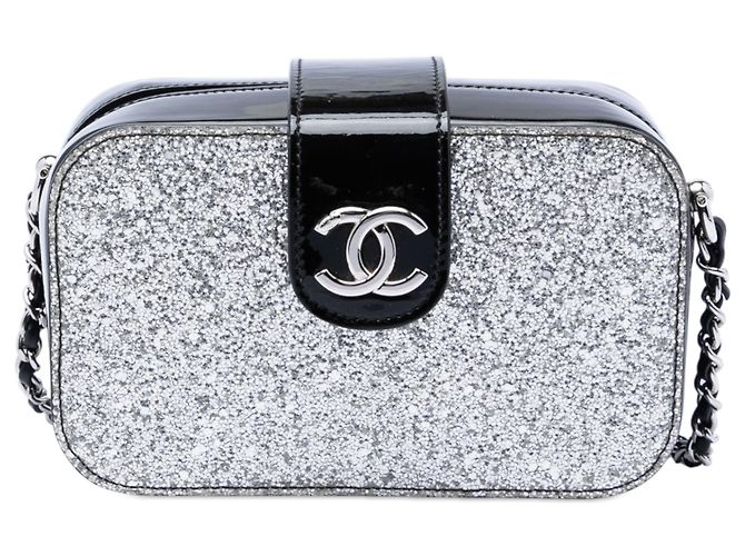 Bolso Camera Chanel Silver Glitter Patent Evening On The Moon Plata