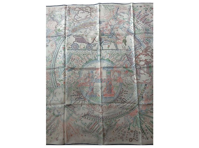 Carré Hermès de seda 90cm Blanco Roja Azul Verde