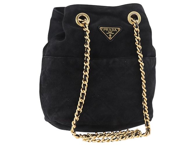 PRADA Chain Schultertasche Wildleder Schwarz Gold Auth bs34965 Golden