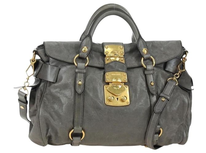 Bolsa Miu Miu de couro 2way Cinza Ouro Auth 177717SAM Marrom Dourado