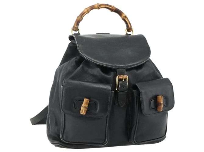 GUCCI Bamboo Backpack Leather Black Gold Auth 176996 Golden