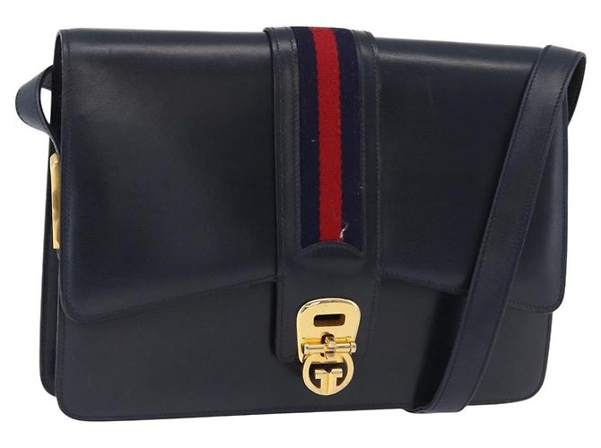 Bolso de hombro GUCCI Sherry Line Cuero Azul Marino Oro Auth 178242 Dorado
