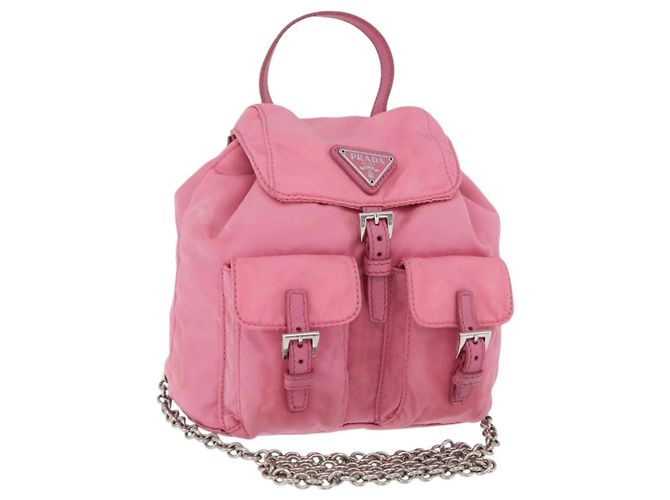 Bolsa de Ombro com Corrente PRADA Nylon Rosa Prata Auth 177289A