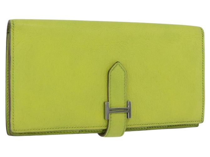 Hermès Portefeuille HERMES Bearn Soufflet en cuir vert Auth BA12491A