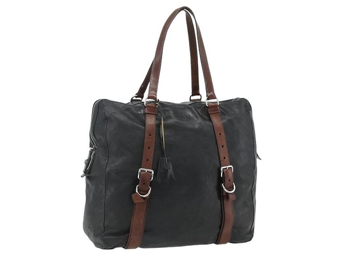 PRADA Tote Bag Leder Schwarz Silber Auth 178161