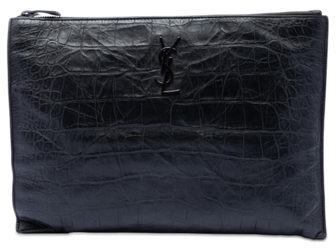 Saint Laurent Black Croc Embossed Leather Monogram Document Holder