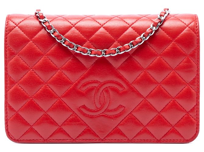Chanel Rote CC gesteppte Lammleder Wallet on Chain