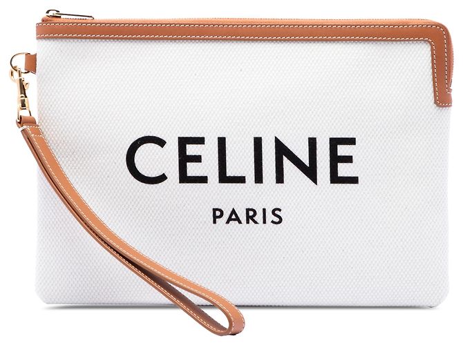 Céline Pochette Celine Brown Large Canvas Logo Marron Beige