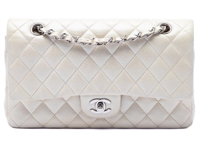 Chanel White Medium Classic Caviar Double Flap Blanc Écru
