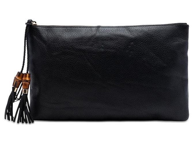 Bamboo Clutch de couro de bezerro preto com tassel de bambu Gucci