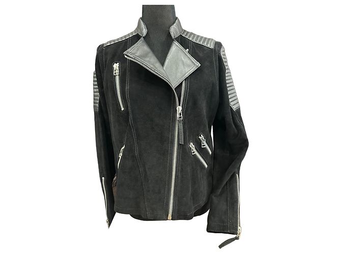 Mango Black Leather and Suede Biker Jacket