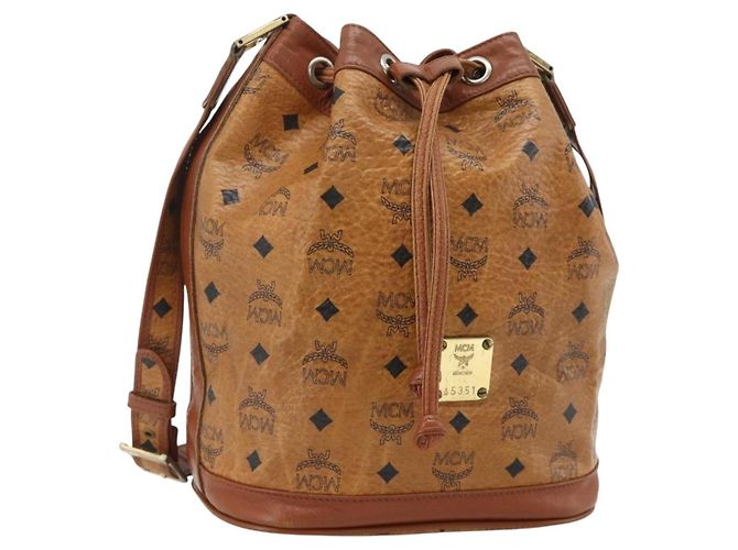Bolsa de cordão MCM Vicetos Logogram Drawstring Bag em PVC e couro marrom dourado Auth ka4224A