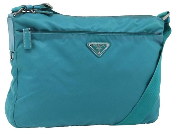 Borsa a Spalla PRADA Nylon Turchese Blu Argento Auth 177218A