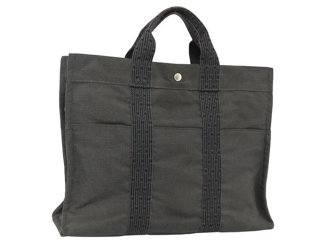 Hermès HERMES Her Line MM Handtasche Canvas Grau Silber Authentisch 178570 Braun