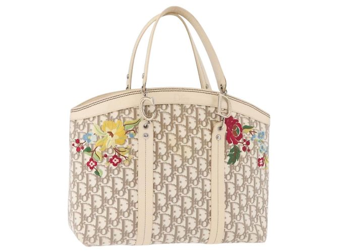 Bolso Tote Christian Dior Trotter Canvas Beige Plata Auth 179002A