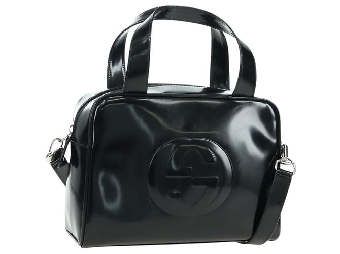 GUCCI Handtasche Lackleder 2way Schwarz Silber Auth 176640
