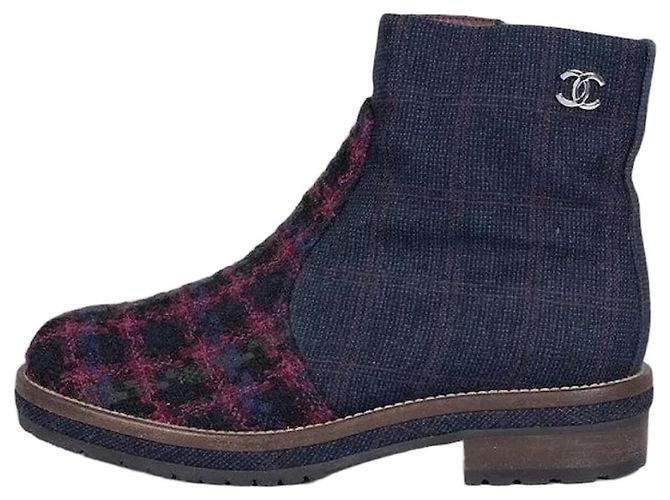 Chanel Blue Textile Logo Zip Ankle Boots Size 38.5 pre-owned