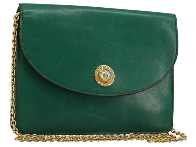 Céline Bolso de Hombro con Cadena CELINE de Cuero Verde Oro Auth 177238A Dorado