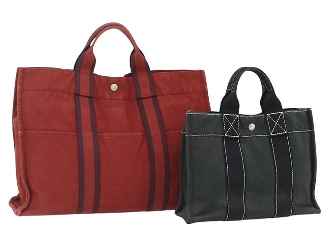 Hermès Sac Fourre Tout HERMES 2 Set Coton Rouge Vert Auth BA12496