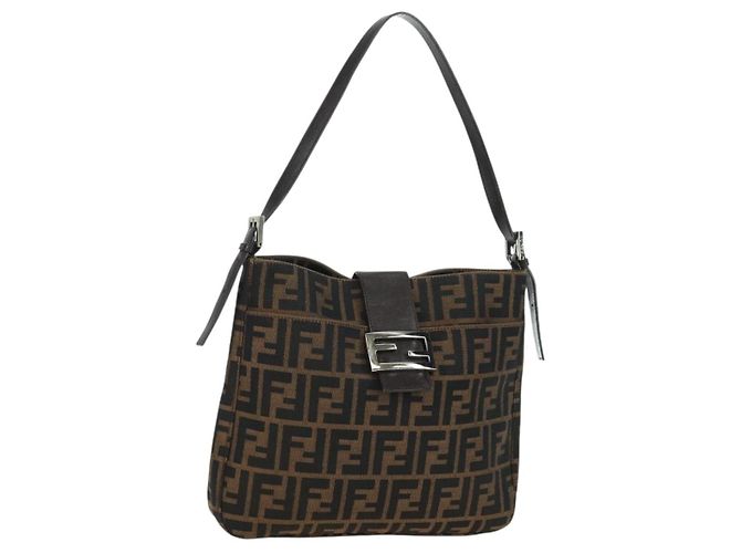 FENDI Zucca Canvas Mamma Baguette Borsa a Spalla Marrone Nero Auth 177772SAV