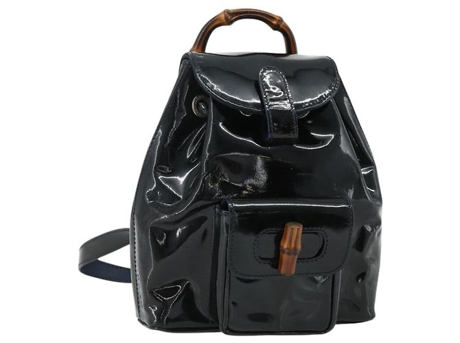 GUCCI Bamboo Backpack Patent leather Navy Silver 005 781 0319 Auth ka4216A