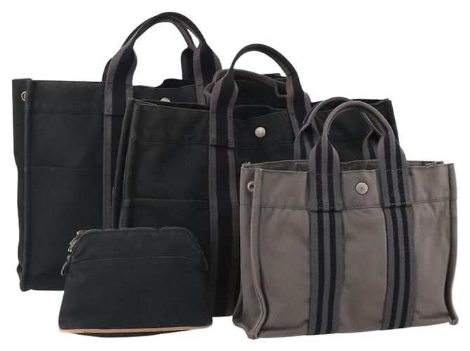 Hermès Borsa Tote HERMES Canvas 4 Set Gray Black Auth ti3899 Marrone Nero