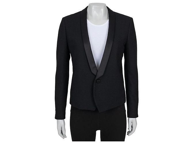 Saint Laurent Jacke aus schwarzer Wolle mit Satinrevers Größe 40 gebraucht