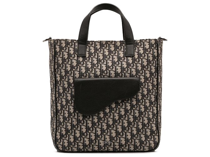 Tote Saddle em lona Blue Oblique e couro Dior Azul Azul marinho