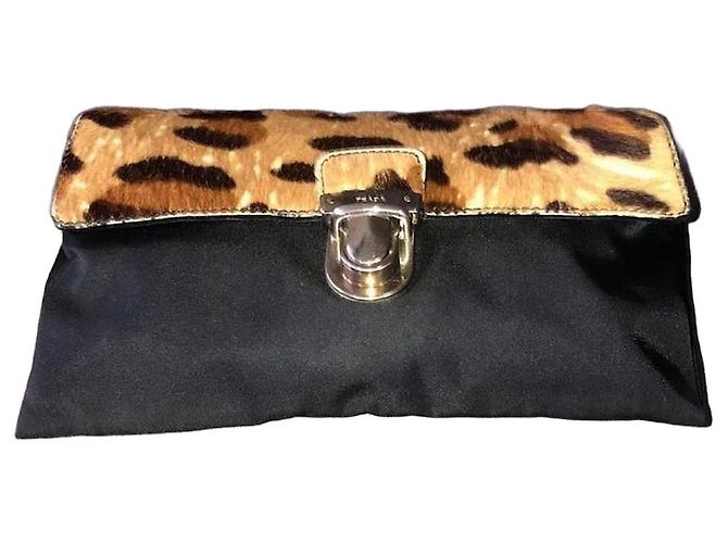 Jacquard Prada Clutch Nylon e Pelo di Vitello Leopardata Nero Stampa leopardo