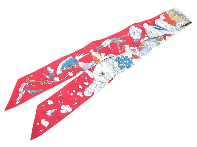Hermès Sciarpa Twilly Hermes Sur Mon Nuage My Cloud Bianco Rosso